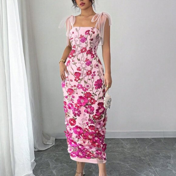 Hot Pink Elegant Women's Mesh 3d Flower print Strap tie Maxi Dress - Picture 4 of 4